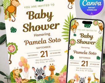 Może przedstawiać: Zaproszenie na baby shower z motywem dżungli, z małpą, żyrafą i zebrą. Zaproszenie zawiera tekst "Baby Shower" i imię "Pamela Soto". Data to 21 września o godzinie 20:00.
