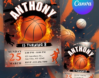 Verjaardagsuitnodiging basketbal | Bewerkbare sjabloon sportfeest canvas