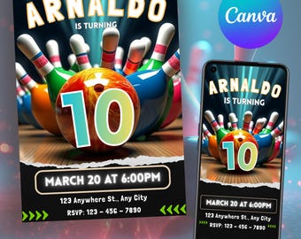 Bowling Birthday Party Invitation | Editable Canva Template Digital Download