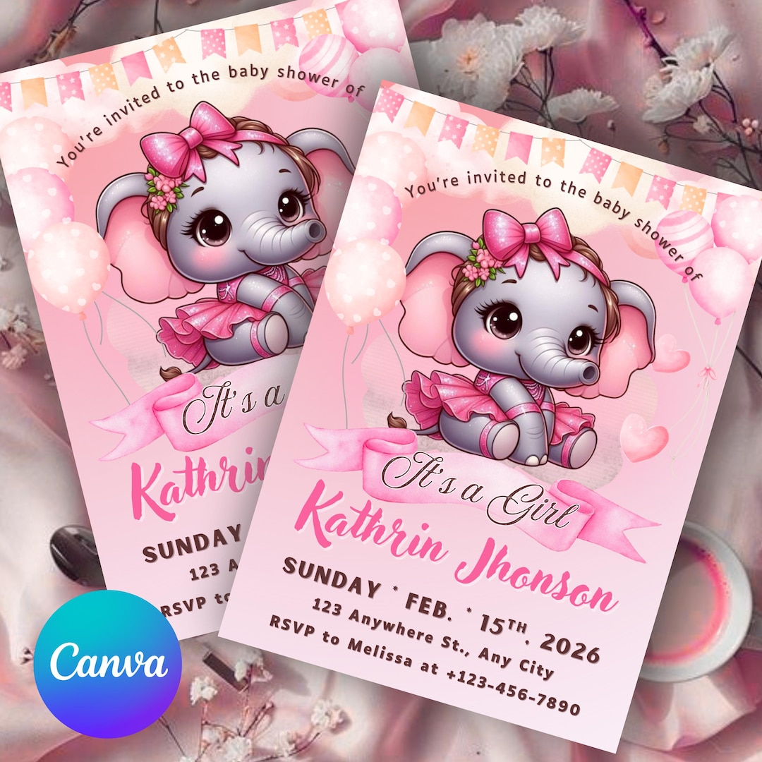 Pink Elephant Baby Shower Invite, Editable Template Digital Download - Etsy