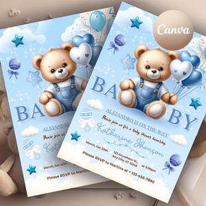 Può includere: Inviti per baby shower con un orsetto dei cartoni animati in tuta blu, circondato da palloncini, stelle e la parola "BABY". Gli inviti includono i dettagli dell'evento e le informazioni RSVP.