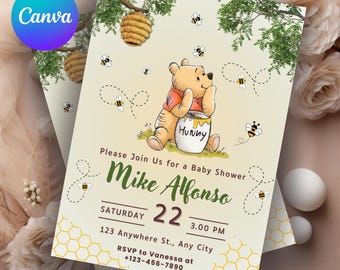 Winnie Puuh Baby Party Einladung | Elegantes Geschichtenbuch Theme Digitaler Download