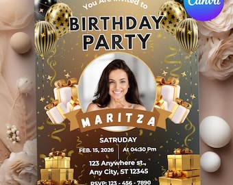 Black & Gold Birthday Invitation | Elegant Party Template Canva