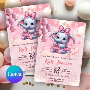 May include: Pink baby shower invitations featuring a cartoon elephant with a pink bow and tutu. The invitations include text that reads "You're invited to the baby shower of Kate Jhonson" and event details. The Canva logo is visible.