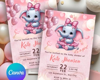 Kleine Elefant-Babyparty-Einladung | Rosa Luftballons Digital Download