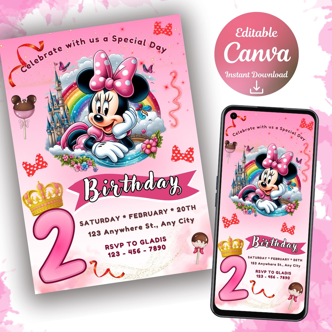 Pink Minnie Mouse Birthday Invitation | Minie Birthday Invite | Canva ...