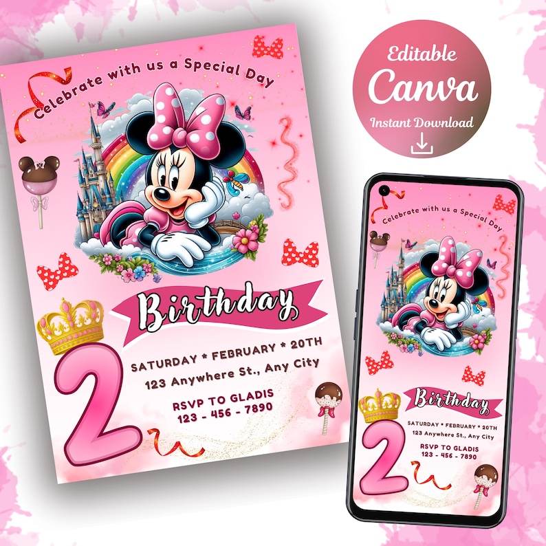 Pink Minnie Mouse Birthday Invitation | Minie Birthday Invite | Canva ...