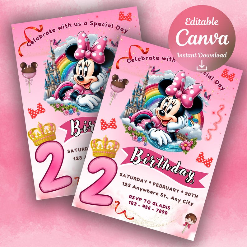 Pink Minnie Mouse Birthday Invitation | Minie Birthday Invite | Canva ...