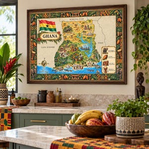 May include: A framed decorative map of Ghana featuring the national flag, illustrations of local wildlife, cultural landmarks, and geographical features. The map includes a compass rose, a legend with icons, and a border decorated with traditional patterns.