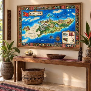 Puede incluir: Un cuadro rectangular que muestra un mapa ilustrado detallado y colorido de Timor Oriental. El mapa incluye la bandera nacional, una rosa de los vientos y flora y fauna local, todo dentro de un borde decorativo y un marco dorado.