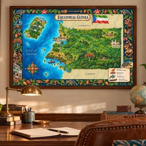 May include: A framed, colourful illustrated map of Equatorial Guinea featuring the national flag, the Gulf of Guinea, and surrounding countries. The border is decorated with tropical flora, fauna, and cultural motifs, with a legend in the corner.