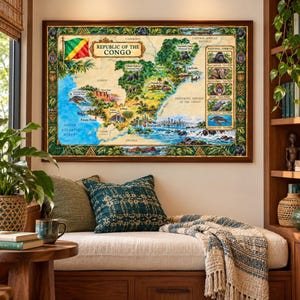 Puede incluir: Un mapa mural rectangular de la República del Congo con una bandera verde, amarilla y roja, ilustraciones de la fauna local y un borde decorado con follaje tropical. El mapa incluye etiquetas de texto para ciudades, ríos y parques nacionales.