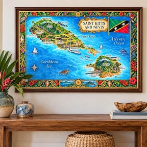 Può includere: Una mappa illustrata e colorata incorniciata di Saint Kitts e Nevis con la bandiera nazionale, il testo "Saint Kitts and Nevis" e le etichette "Caribbean Sea" e "Atlantic Ocean". La mappa raffigura isole con punti di riferimento e vita marina.