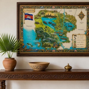 Mapa ilustrado de Camboya con diseño en acuarela, disponible en varios tamaños.
