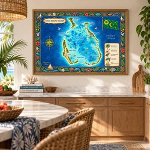 May include: A rectangular wall art print featuring a detailed map of the Cocos Keeling Islands. The map displays blue ocean waters, green islands, a compass rose, the local flag, and a legend with illustrations of native flora and fauna.