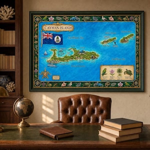 Décoration carte nautique | Impression aquarelle des îles Caïmans | Plusieurs tailles