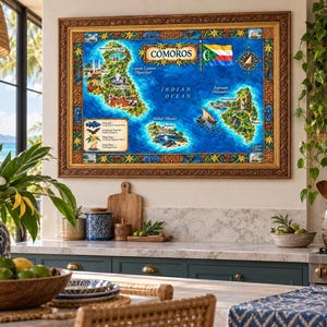 May include: A framed decorative map of the Comoros islands featuring the text COMOROS and INDIAN OCEAN. The map displays the islands of Grande Comore, Mohéli, and Anjouan with illustrations of local landmarks, wildlife, and the national flag.