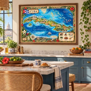 May include: A framed, colourful illustrated map of Cuba featuring the national flag, tropical flora, local wildlife, and landmarks. The map includes the text CUBA, Caribbean Sea, Atlantic Ocean, and a legend with icons of native animals and plants.