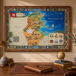 Tunisia Map Print, Illustrated Watercolor Wall Art, Multiple Sizes