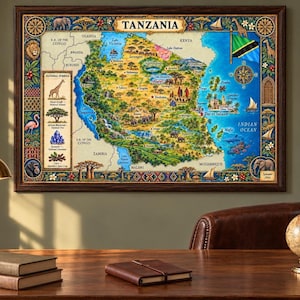 Mapa de Tanzania impreso, ilustración en acuarela para descarga digital