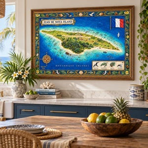 May include: A framed rectangular map of Juan de Nova Island in the Mozambique Channel, featuring a detailed aerial view of the island, a compass rose, the French flag, and illustrations of local wildlife, all set within a decorative border.