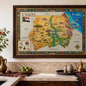 Geografische muurdecoratie: Kaart van Soedan, geïllustreerd aquarelontwerp