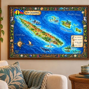 May include: A rectangular wall art print featuring a detailed, colourful illustrated map of New Caledonia. The map displays the islands, surrounding Pacific Ocean and Coral Sea, a compass rose, a legend, and a decorative border with floral motifs.