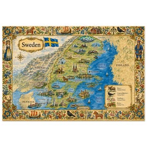 Watercolor Map of Sweden, Illustrated Wall Art with Folk Art Border