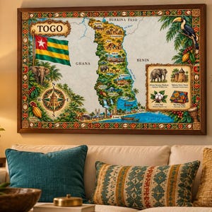 May include: A framed illustrated map of Togo featuring the national flag, a compass rose, and various regional landmarks. The map includes depictions of an elephant, a toucan, and a text box detailing local wildlife, architecture, and textiles.