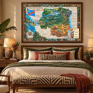 May include: A rectangular wall map of the Democratic Republic of the Congo featuring a colourful illustrated landscape, wildlife, and cultural icons. The map includes the national flag, a compass rose, and a legend box with text details.