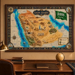 Könnte beinhalten: Eine gerahmte Wandkarte von Saudi-Arabien mit einer beigen Wüstenlandschaft, blauem Küstenwasser und der Nationalflagge. Die Karte enthält Illustrationen von Sehenswürdigkeiten, Kamelen und Palmen sowie den Text SAUDI ARABIA.