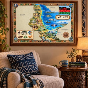 May include: A framed, illustrated map of Malawi featuring the national flag, a compass rose, and various regional landmarks, wildlife, and cultural scenes. The map is bordered by a decorative pattern and includes labels for Zambia, Tanzania, and Mozambique.