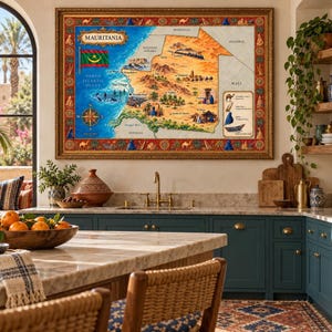 May include: A framed illustrated map of Mauritania featuring the national flag, a compass rose, and various cultural landmarks. The map displays geographical details, desert landscapes, and coastal areas, all enclosed within a decorative border.