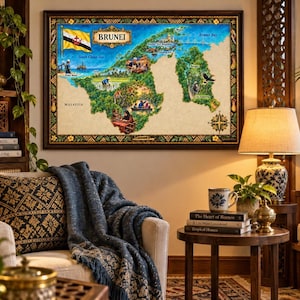 Kaart van Brunei, geïllustreerde aquarelkunst in verschillende formaten.
