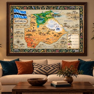 Illustrated Map of Botswana, Watercolor Print | Africa Wall Art