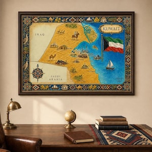 Könnte beinhalten: Eine gerahmte Karte von Kuwait mit einer beigen Wüstenlandschaft, einem blauen Meer, der Nationalflagge sowie Illustrationen von Kamelen, Falken und traditioneller Architektur. Die Karte ist von einem dekorativen Rand mit Mustern umgeben.