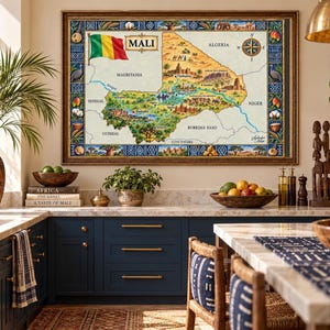 Op de afbeelding: Een ingelijste wandkunstprint met een gedetailleerde, geïllustreerde kaart van Mali. De kaart toont de nationale vlag, grote steden zoals Bamako en Timboektoe, regionale bezienswaardigheden en omliggende landen, alles binnen een decoratieve rand.