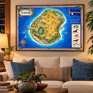 May include: A rectangular wall map of Nauru titled Naoero, featuring a detailed topographical illustration of the island surrounded by the Pacific Ocean, the national flag, a compass rose, and a vertical column of local flora and fauna.