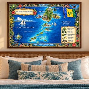 Peut inclure: Une carte murale encadrée de Saint-Vincent-et-les-Grenadines présentant un océan bleu vif, une flore tropicale, le drapeau national et des illustrations de la faune locale. La carte inclut des étiquettes pour les îles, la mer des Caraïbes et l'océan Atlantique.