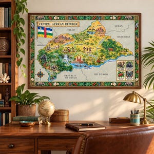 May include: A framed illustrated map of the Central African Republic featuring the national flag, geographical landmarks, local wildlife, and cultural scenes. The border is decorated with botanical motifs and elephants, with small inset images of animals.