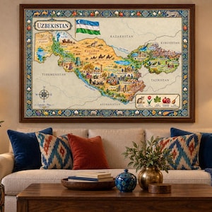 May include: A rectangular wall map of Uzbekistan featuring a beige background, the national flag, and colorful illustrations of regional landmarks, flora, and fauna. The map is enclosed in a dark brown wooden frame with a decorative floral border.