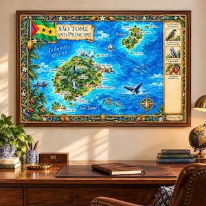May include: A rectangular wall map of São Tomé and Príncipe featuring a vibrant blue ocean, green islands, the national flag, and a column of national symbols including a peregrine falcon, African grey parrot, and cocoa pods, all within a wooden frame.