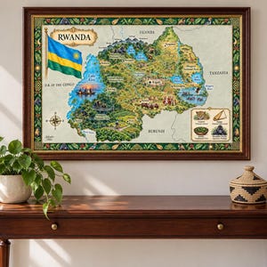 Rwanda Map Print, Illustrated Watercolor Art in Multiple Sizes