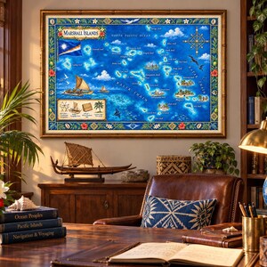 May include: A framed wall map of the Marshall Islands featuring a vibrant blue ocean background, the national flag, illustrations of traditional outrigger canoes, and detailed labels for various atolls and islands within the Pacific region.