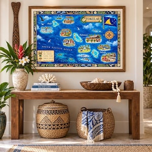 May include: A framed map of Tokelau featuring illustrations of islands, local scenes, and the national flag. The map is displayed above a wooden console table with woven baskets, books, a wooden bowl, and a beaded garland.