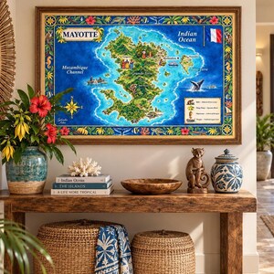 May include: A framed map of Mayotte featuring the Indian Ocean, Mozambique Channel, and Grande-Terre. The map includes illustrations of local wildlife, a compass rose, and the French flag, all surrounded by a colorful floral and marine border.