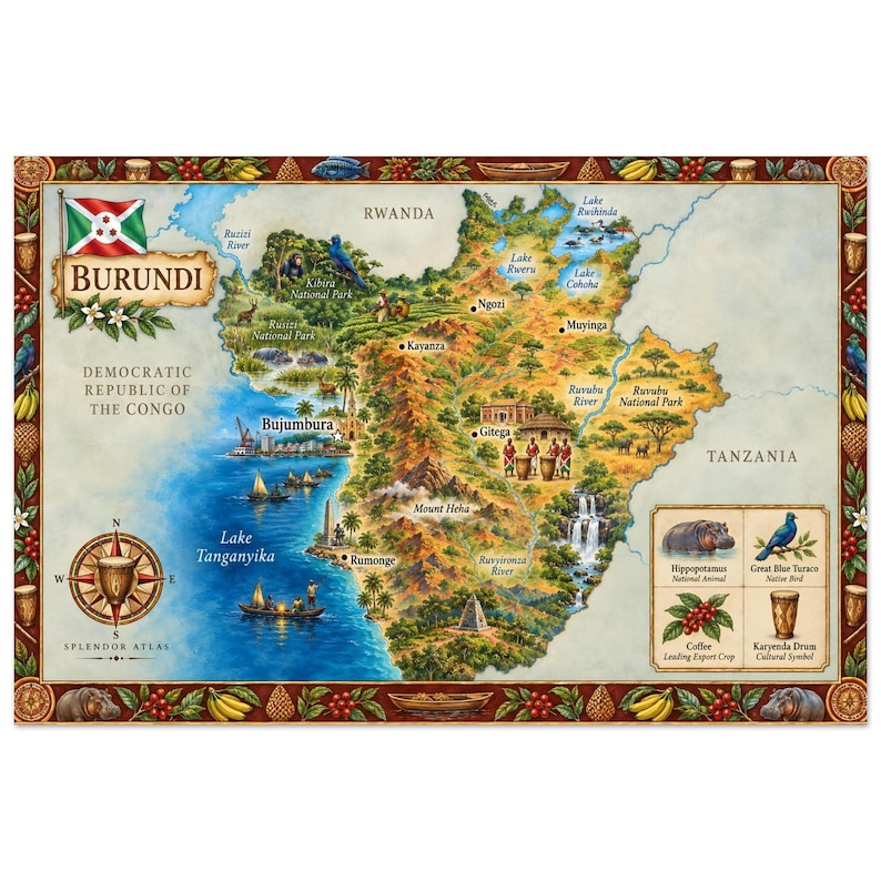 Compass Rope Map Art Burundi Map Print, Colorful Watercolor Country Map Art in 3 Sizes - Etsy UK