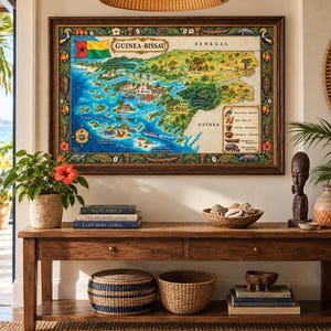 May include: A framed illustrated map of Guinea-Bissau featuring the national flag, geographical landmarks, and wildlife icons. The map is displayed on a wall above a wooden console table with drawers, holding books, a bowl of shells, and a carved statue.