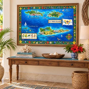 May include: A framed map of the U.S. Virgin Islands featuring Saint Thomas, Saint John, and Saint Croix. The map includes the U.S. Virgin Islands flag, a compass rose, and a decorative border with tropical flora and fauna illustrations.
