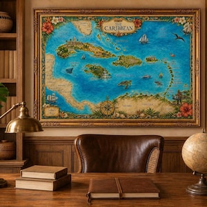 Mappa dei Caraibi / Illustrazione colorata ad acquerello dell'isola, disponibile in diverse dimensioni.